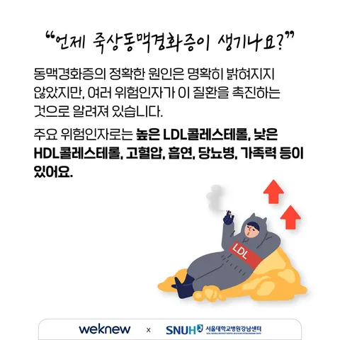 혈관 건강의 적신호, 죽상동맥경화증 1편 4장. "언제 죽상동맥경화증이 생기나요?" 동맥경화증의 정확한 원인은 명확히 밝혀지지 않았지만, 여러 위험인자가 이 질환을 촉진하는 것으로 알려져 있습니다. 주요 위험인자로는 높은 LDL콜레스테롤, 낮은 HDL콜레스테롤, 고혈압, 흡연, 당뇨병, 가족력 등이 있어요.