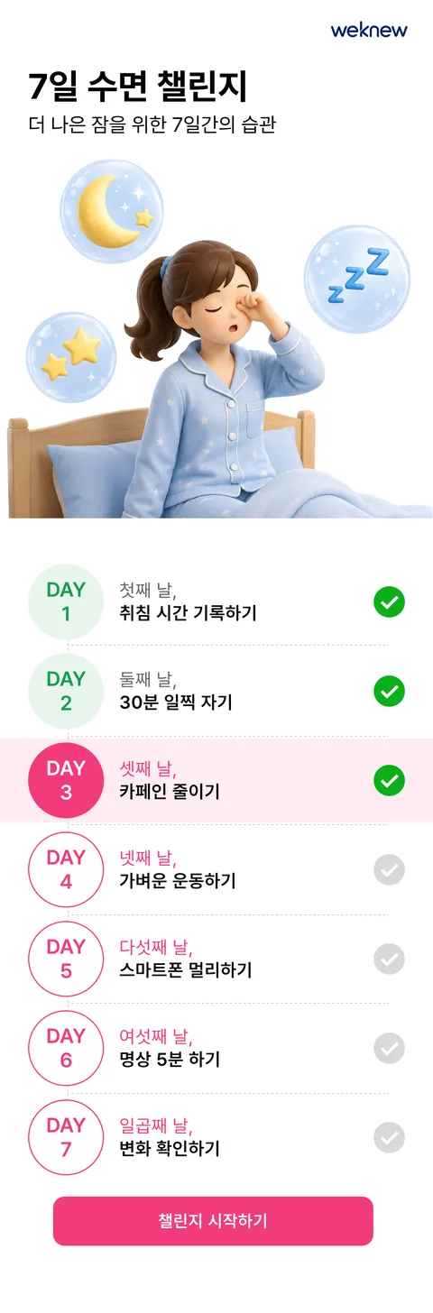 7일 수면 챌린지 — 취침 기록부터 변화 확인까지 7일 미션을 하루 한 가지씩 따라가도록 구성합니다