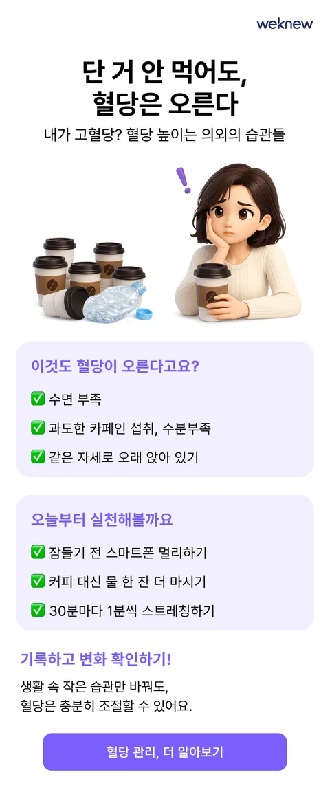 단 거 안 먹어도, 혈당은 오른다 — 수면·카페인·앉은 자세처럼 놓치기 쉬운 습관을 짚는 카드뉴스