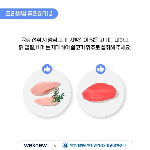이상지질혈증 예방하기 7장. 조리 방법 유의하기 2. 육류 섭취 시 양념 고기, 지방질이 많은 고기는 피하고 닭 껍질, 비계는 제거하여 살코기 위주로 섭취해야 합니다.